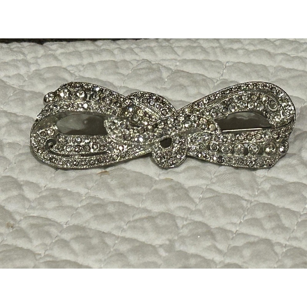 Vintage Silver Tone Art Deco Rhinestone Bow Brooch Crystal Ribbon‎